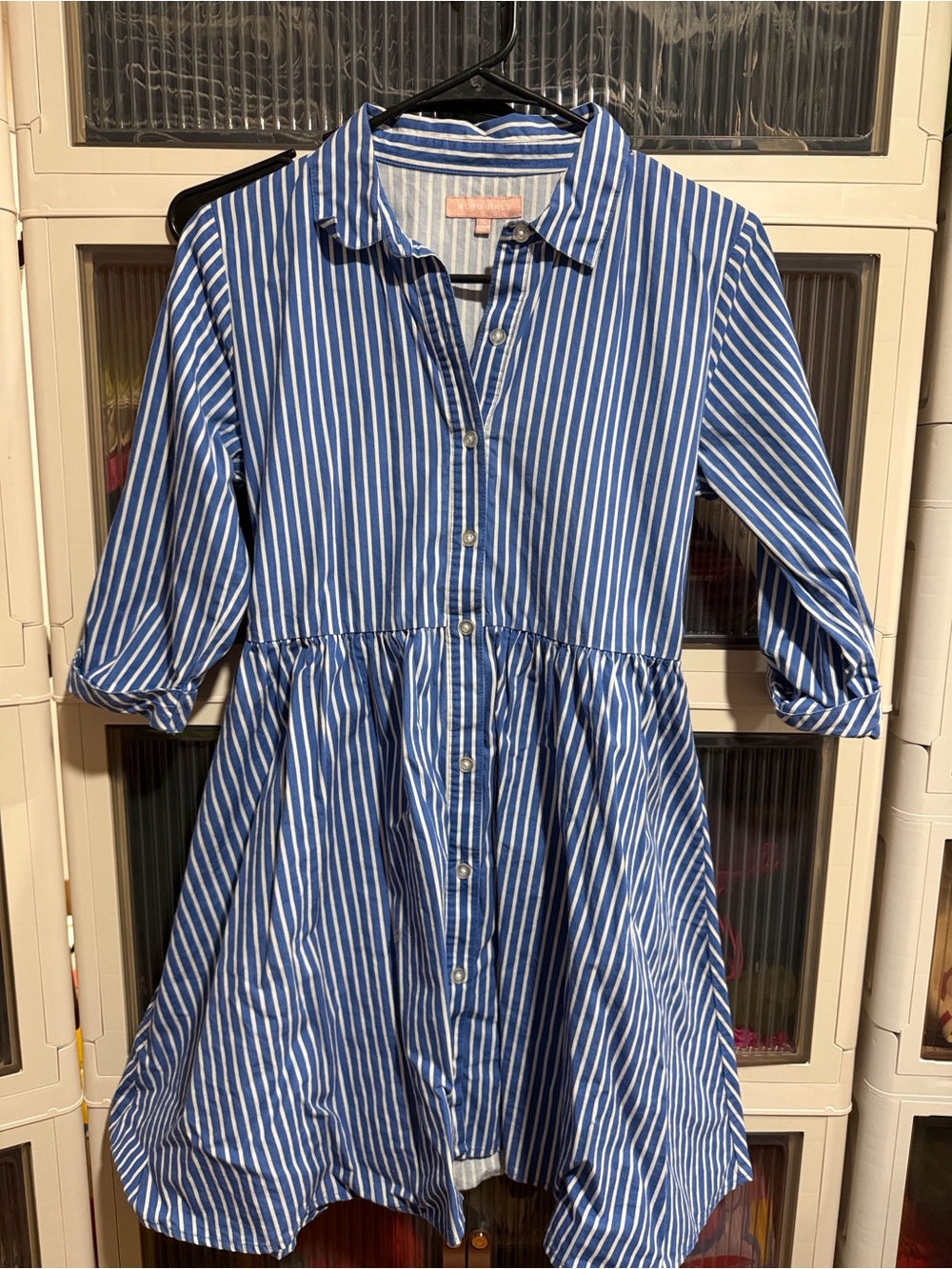 Girls Blue & White Striped Button-Front Dress small for ladies